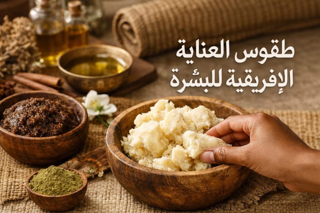 زبدة الشيا الخام والدلكة السودانية والأعشاب الطبيعية في أوعية خشبية، مع يد تمسك الزبدة، تمثل طقوس العناية الإفريقية للبشرة