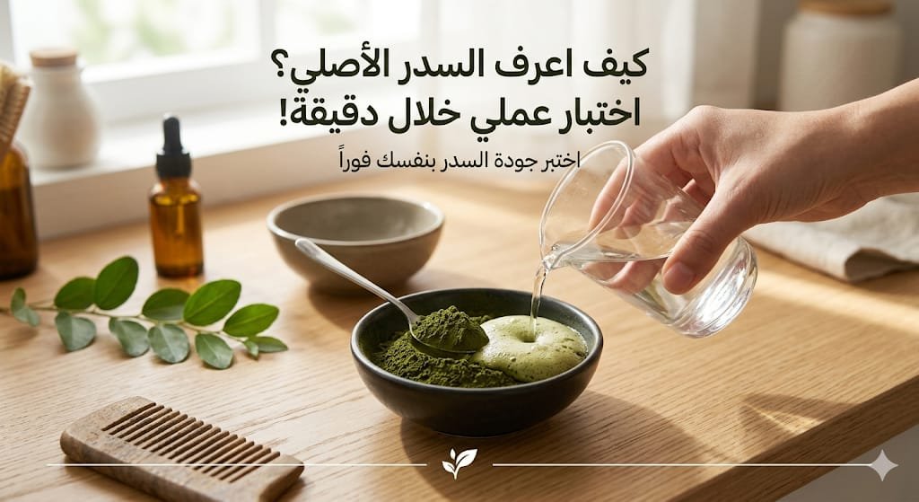 طريقة اختبار السدر الأصلي بالماء والرغوة في وعاء، مع مسحوق سدر أخضر طبيعي وأدوات عناية بالشعر لتمييزه عن المغشوش