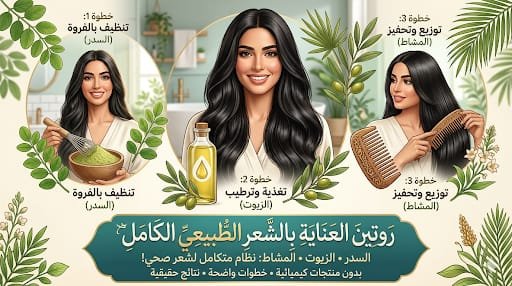 انفوجرافيك يوضح خطوات روتين العناية بالشعر الطبيعي الكامل باستخدام السدر للغسيل والزيوت للترطيب والمشاط للتمشيط.