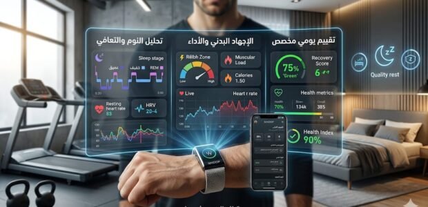 مراجعة ساعة WHOOP لعام 2026: رسم بياني يوضح تحليل النوم، الإجهاد البدني، ومعدل التعافي مع واجهة تطبيق WHOOP على الهاتف الذكي في بيئة رياضية ومنزلية