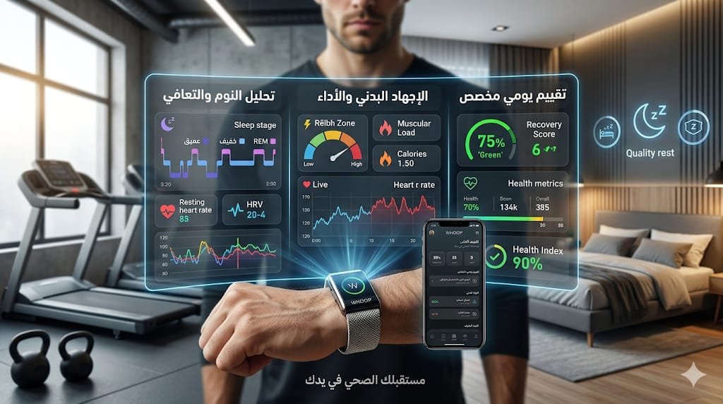 مراجعة ساعة WHOOP لعام 2026: رسم بياني يوضح تحليل النوم، الإجهاد البدني، ومعدل التعافي مع واجهة تطبيق WHOOP على الهاتف الذكي في بيئة رياضية ومنزلية